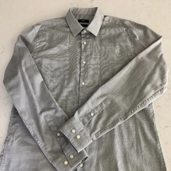 Boss Hugo Boss Isko Slim Fit Button Down Cotton Shirt Black + White Sz 16.5 NWOT - Picture 3 of 15